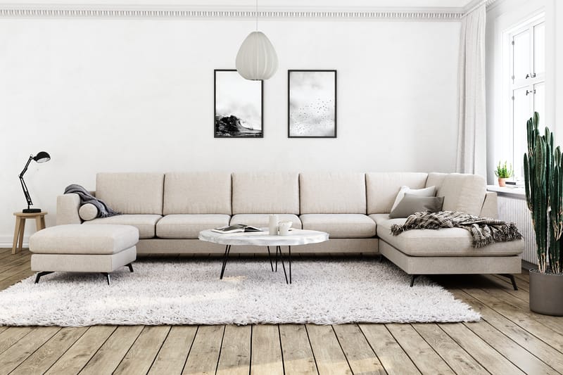 Ocean Lyx 6-sits Högervänd U-formad Soffa med Divan och Schäslong + Fotpall i Tyg - Beige - Möbler - Vardagsrum - Soffor - Divansoffa & schäslong