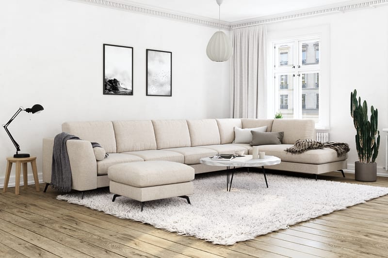 Ocean Lyx 6-sits Högervänd U-formad Soffa med Divan och Schäslong + Fotpall i Tyg - Beige - Möbler - Vardagsrum - Soffor - Divansoffa & schäslong