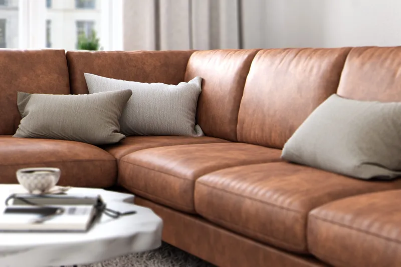 Ocean Lyx 6-sits Vänstervänd U-formad Soffa med Divan och Schäslong + Fotpall i Konstläder - Brun - Möbler - Vardagsrum - Soffor - Divansoffa & schäslong