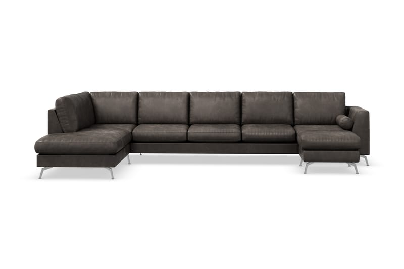 Ocean Lyx 6-sits Vänstervänd U-formad Soffa med Divan och Schäslong + Fotpall i Konstläder - Mörkgrå - Möbler - Vardagsrum - Soffor - Divansoffa & schäslong