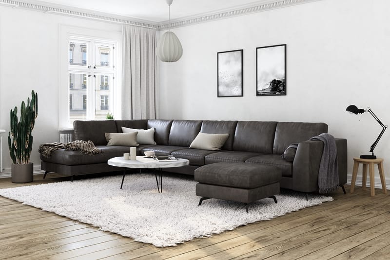 Ocean Lyx 6-sits Vänstervänd U-formad Soffa med Divan och Schäslong + Fotpall i Konstläder - Mörkgrå - Möbler - Vardagsrum - Soffor - Divansoffa & schäslong