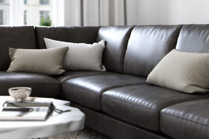 Ocean Lyx 6-sits Vänstervänd U-formad Soffa med Divan och Schäslong + Fotpall i Konstläder - Mörkgrå - Möbler - Vardagsrum - Soffor - Divansoffa & schäslong