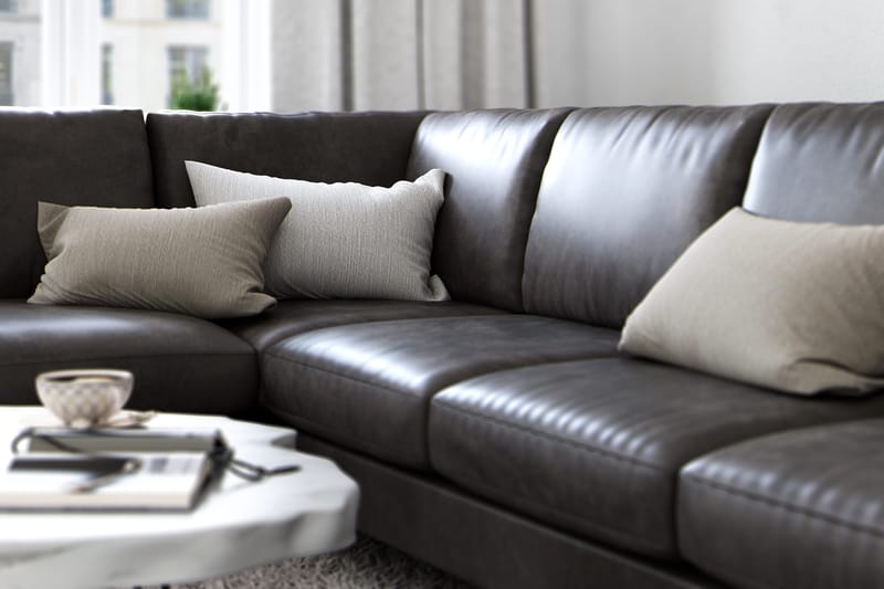 Ocean Lyx 6-sits Vänstervänd U-formad Soffa med Divan och Schäslong + Fotpall i Konstläder - Mörkgrå - Möbler - Vardagsrum - Soffor - Divansoffa & schäslong