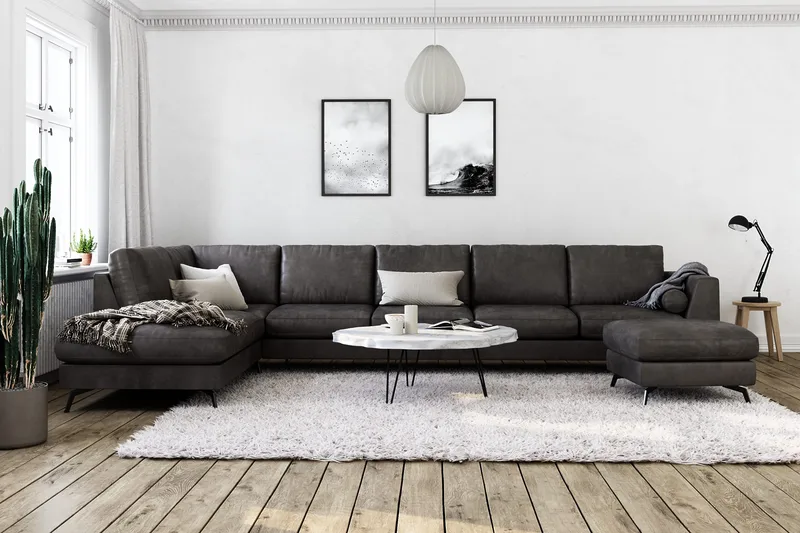 Ocean Lyx 6-sits Vänstervänd U-formad Soffa med Divan och Schäslong + Fotpall i Konstläder - Mörkgrå - Möbler - Vardagsrum - Soffor - Divansoffa & schäslong