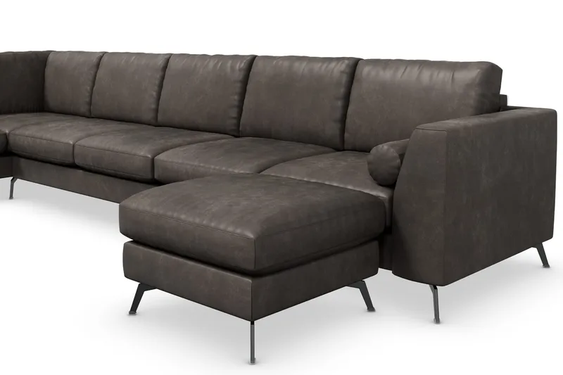 Ocean Lyx 6-sits Vänstervänd U-formad Soffa med Divan och Schäslong + Fotpall i Konstläder - Mörkgrå - Möbler - Vardagsrum - Soffor - Divansoffa & schäslong