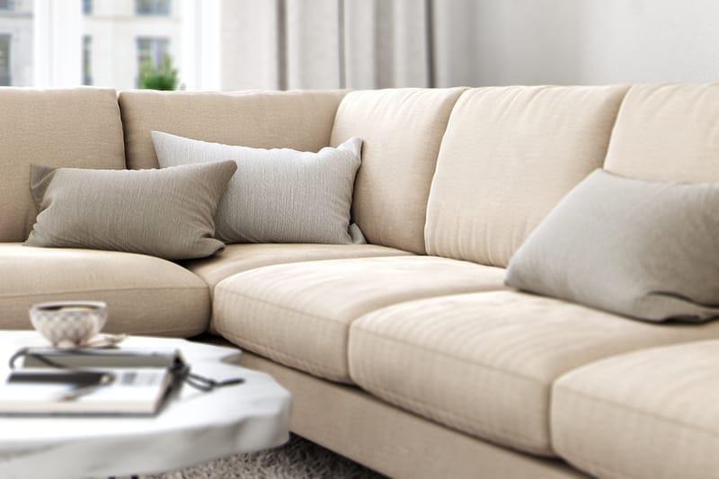 Ocean Lyx 6-sits Vänstervänd U-formad Soffa med Divan och Schäslong + Fotpall i Sammet - Beige - Möbler - Vardagsrum - Soffor - Divansoffa & schäslong