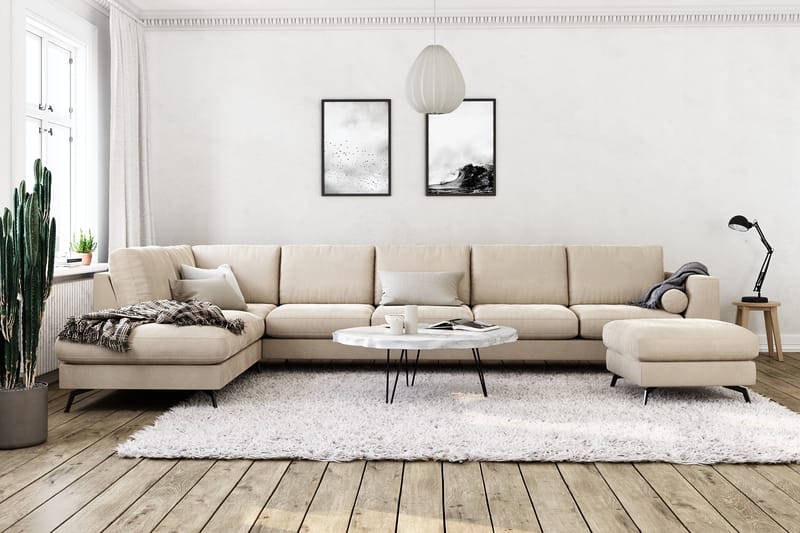 Ocean Lyx 6-sits Vänstervänd U-formad Soffa med Divan och Schäslong + Fotpall i Sammet - Beige - Möbler - Vardagsrum - Soffor - Divansoffa & schäslong