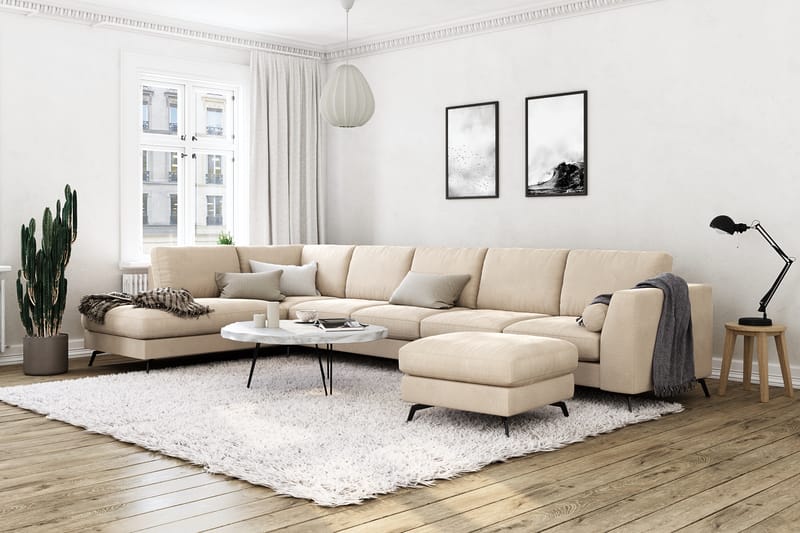 Ocean Lyx 6-sits Vänstervänd U-formad Soffa med Divan och Schäslong + Fotpall i Sammet - Beige - Möbler - Vardagsrum - Soffor - Divansoffa & schäslong