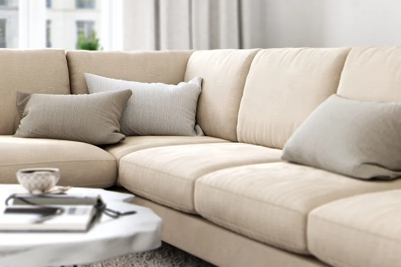 Ocean Lyx 6-sits Vänstervänd U-formad Soffa med Divan och Schäslong + Fotpall i Sammet - Beige - Möbler - Vardagsrum - Soffor - Divansoffa & schäslong