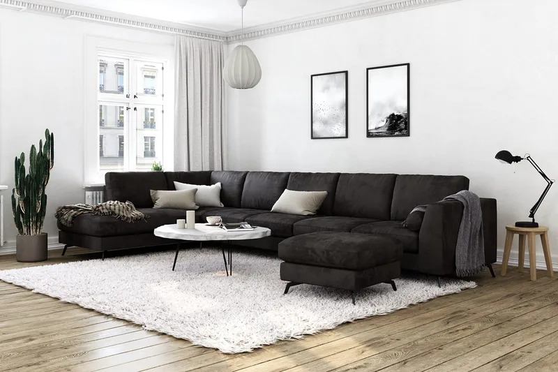 Ocean Lyx 6-sits Vänstervänd U-formad Soffa med Divan och Schäslong + Fotpall i Sammet - Mörkgrå - Möbler - Vardagsrum - Soffor - Divansoffa & schäslong