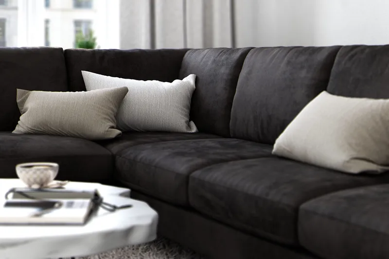 Ocean Lyx 6-sits Vänstervänd U-formad Soffa med Divan och Schäslong + Fotpall i Sammet - Mörkgrå - Möbler - Vardagsrum - Soffor - Divansoffa & schäslong