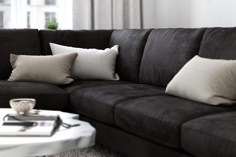 Ocean Lyx 6-sits Vänstervänd U-formad Soffa med Divan och Schäslong + Fotpall i Sammet - Mörkgrå - Möbler - Vardagsrum - Soffor - Divansoffa & schäslong