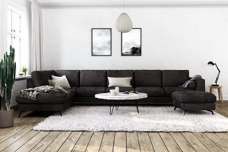 Ocean Lyx 6-sits Vänstervänd U-formad Soffa med Divan och Schäslong + Fotpall i Sammet - Mörkgrå - Möbler - Vardagsrum - Soffor - Divansoffa & schäslong