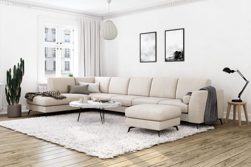 Ocean Lyx 6-sits Vänstervänd U-formad Soffa med Divan och Schäslong + Fotpall i Tyg - Beige - Möbler - Vardagsrum - Soffor - Divansoffa & schäslong
