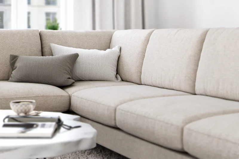 Ocean Lyx 6-sits Vänstervänd U-formad Soffa med Divan och Schäslong + Fotpall i Tyg - Beige - Möbler - Vardagsrum - Soffor - Divansoffa & schäslong