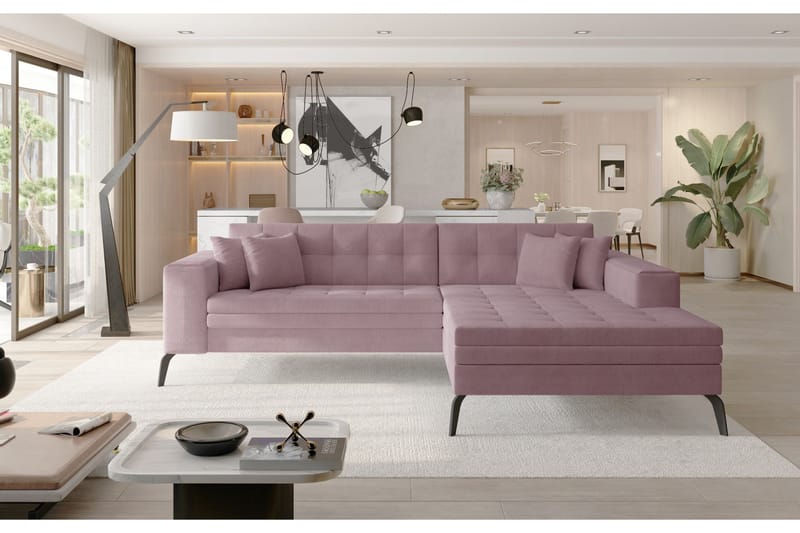 Solangis 3-sits Höger L-formad Bäddsoffa med Divan i Läder och Plysch - Rosa - Möbler - Vardagsrum - Bäddsoffor - Bäddsoffa divan
