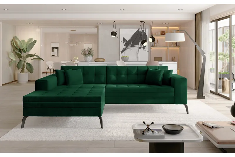 Solangis 3-sits Vänster L-formad Bäddsoffa med Divan i Sammet - Grön - Möbler - Vardagsrum - Bäddsoffor - Bäddsoffa divan