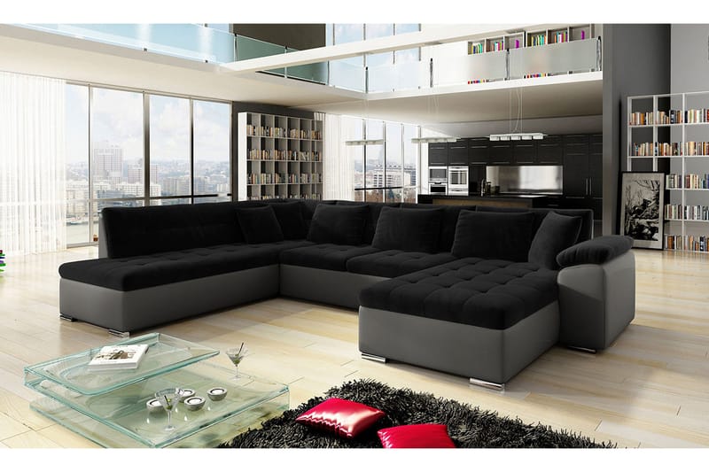 Dynir Soffa med Divan och Schäslong 4-sits - Svart/Grå - Möbler - Vardagsrum - Soffor - Skinnsoffor