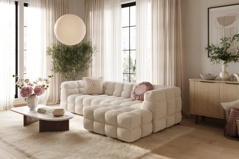 Elise 4-sits Bubblig Soffa med Divan Höger - Beige Teddy - Möbler - Vardagsrum - Soffor - Divansoffa & schäslong
