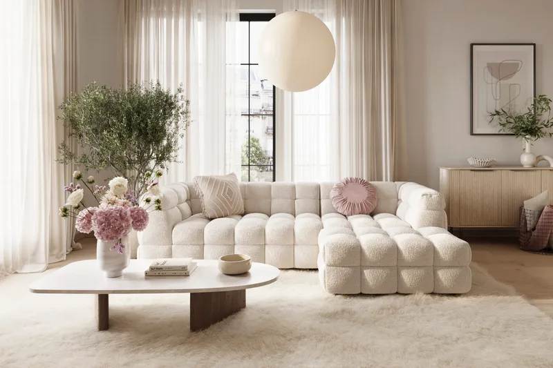 Elise 4-sits Bubblig Soffa med Divan Höger - Beige Teddy - Möbler - Vardagsrum - Soffor - Divansoffa & schäslong