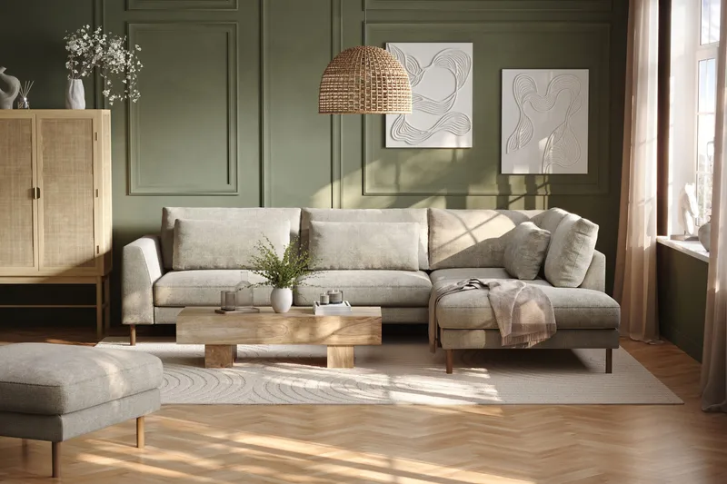 Florenz 4-sits Högervänd L-formad Schäslongsoffa i Tyg - Grå/Beige - Möbler - Vardagsrum - Soffor - Divansoffa & schäslong