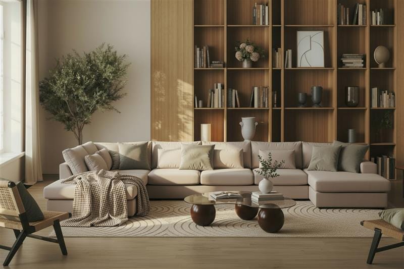 Grande 6-sits U-Soffa med Divan Höger - Beige Sammet - Möbler - Vardagsrum - Soffor - Sammetssoffor
