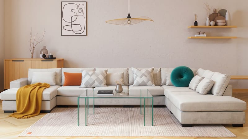 Grande Stor 7-sits U-Soffa med Divan Vänster - Beige Sammet - Möbler - Vardagsrum - Soffor - Sammetssoffor