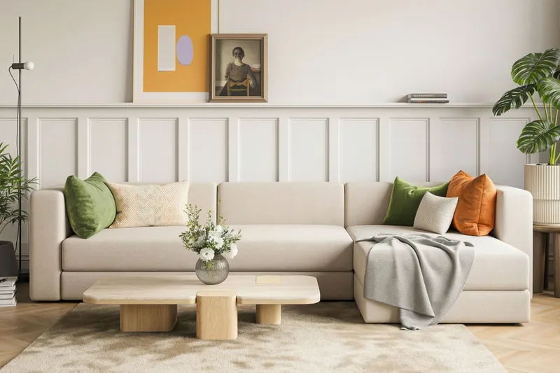 Hagblom 4-sits Vändbar Divansoffa 320 cm med Förvaring i Chenille - Beige - Möbler - Vardagsrum - Soffor - Divansoffa & schäslong