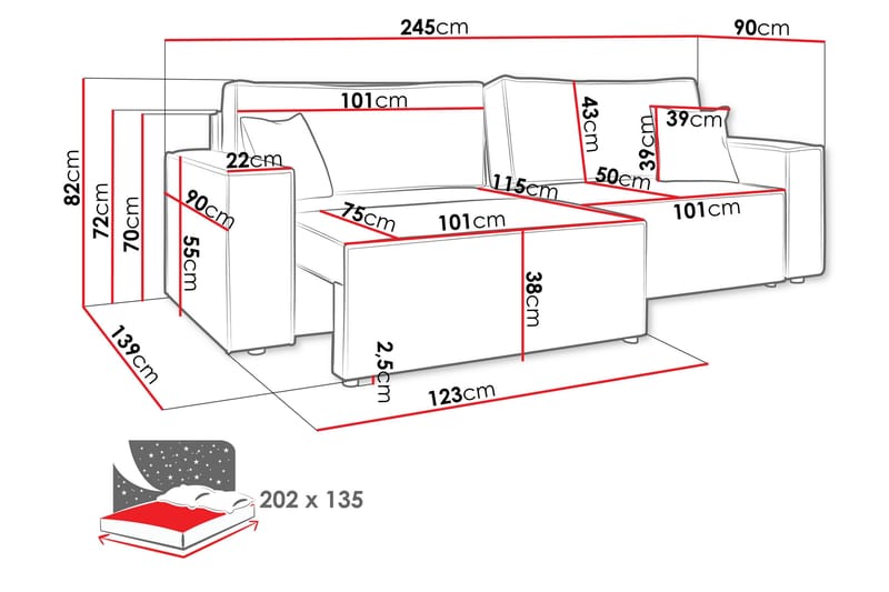 Hobson 3-sits Bäddbar Soffa 245 cm med Förvaring i Manchestertyg - Blå - Möbler - Vardagsrum - Soffor - 3-sits soffor