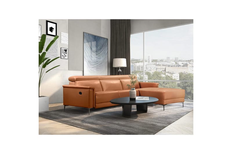 Hörnsoffa 3-sits Lund Cognac, Läder/PU, Höger manuell vilstol - Cognac, Läder/PU, Höger manuell vilstol - Möbler - Vardagsrum - Soffor - Skinnsoffor