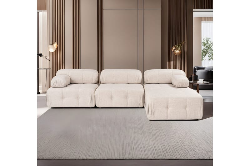 Belgin Bubblig Hörnsoffa 3-sits med utfällbara armstöd och ryggstöd, Ljusbrun