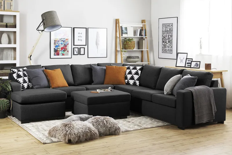 Crazy 6-sits Vänstervänd U-formad Large Hörnsoffa med divan i Tyg - Antracit - Möbler - Vardagsrum - Soffor - Hörnsoffor