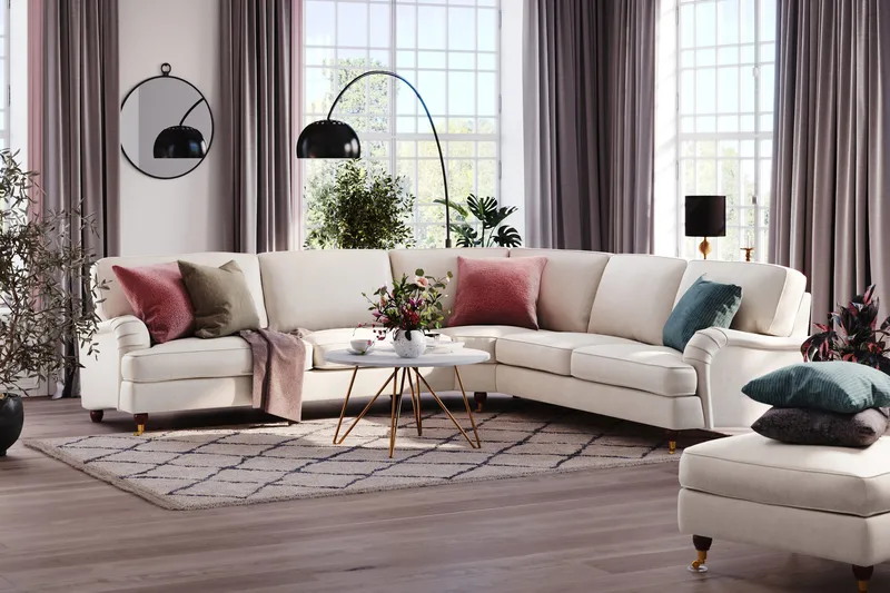 Howard Lyx 6-sits Högervänd L-formad Hörnsoffa i Sammet - Krämvit - Möbler - Vardagsrum - Soffor - Hörnsoffor