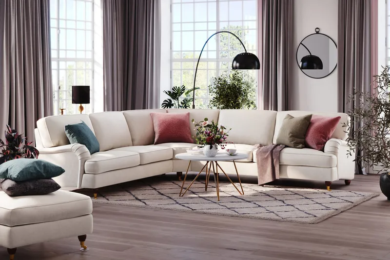 Howard Lyx 6-sits Vänstervänd L-formad Hörnsoffa i Sammet - Krämvit - Möbler - Vardagsrum - Soffor - Hörnsoffor