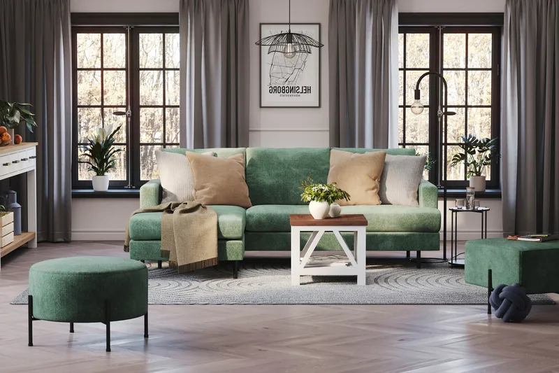 Menard Compact 3-sits Vänstervänd L-formad Divansoffa i Sammet - Mörkgrön - Möbler - Vardagsrum - Soffor - Divansoffa & schäslong