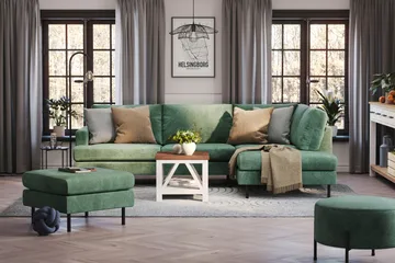 Menard Compact 4-sits Högervänd L-formad Schäslongsoffa i Sammet - Mörkgrön - Möbler - Vardagsrum - Soffor - Divansoffa & schäslong