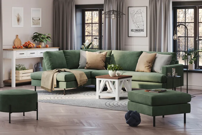 Menard Compact 4-sits Vänstervänd L-formad Schäslongsoffa i Manchester - Grön - Möbler - Vardagsrum - Soffor - Divansoffa & schäslong