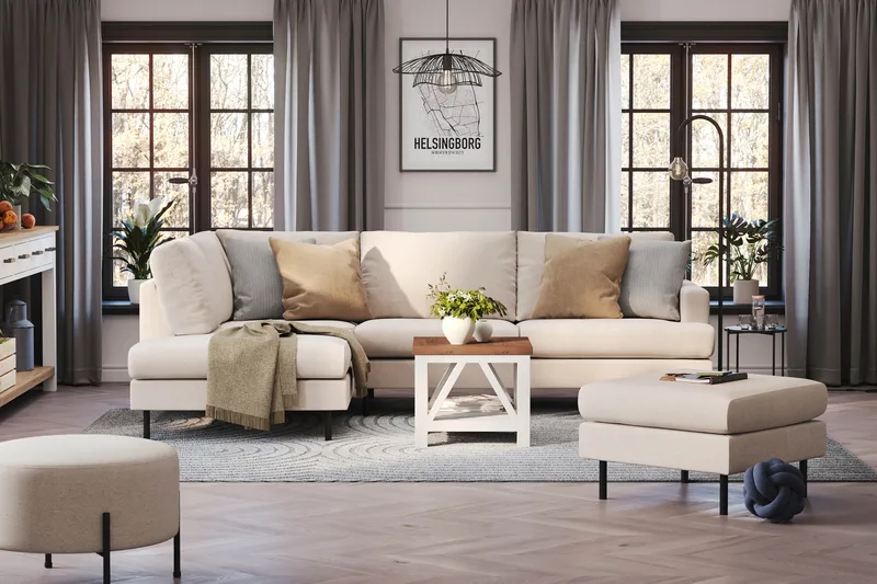 Menard Compact 4-sits Vänstervänd L-formad Schäslongsoffa i Tyg - Beige - Möbler - Vardagsrum - Soffor - Divansoffa & schäslong