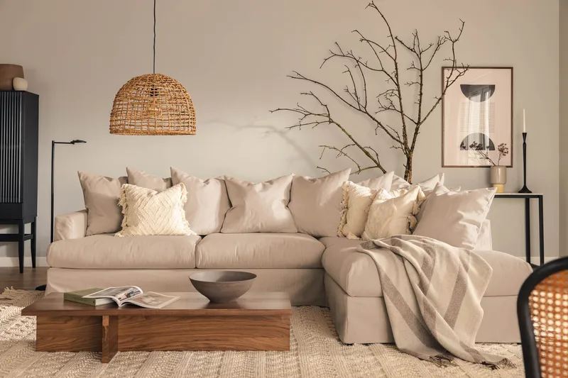 Menard Soffgrupp 4-sits Högervänd L-formad Schäslongsoffa + Fåtölj i Tyg - Beige - Möbler - Vardagsrum - Soffgrupper