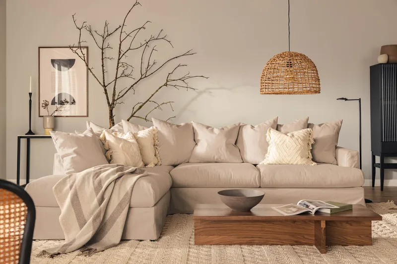 Menard Soffgrupp 4-sits Vänstervänd L-formad Schäslongsoffa + Fåtölj i Tyg - Beige - Möbler - Vardagsrum - Soffgrupper