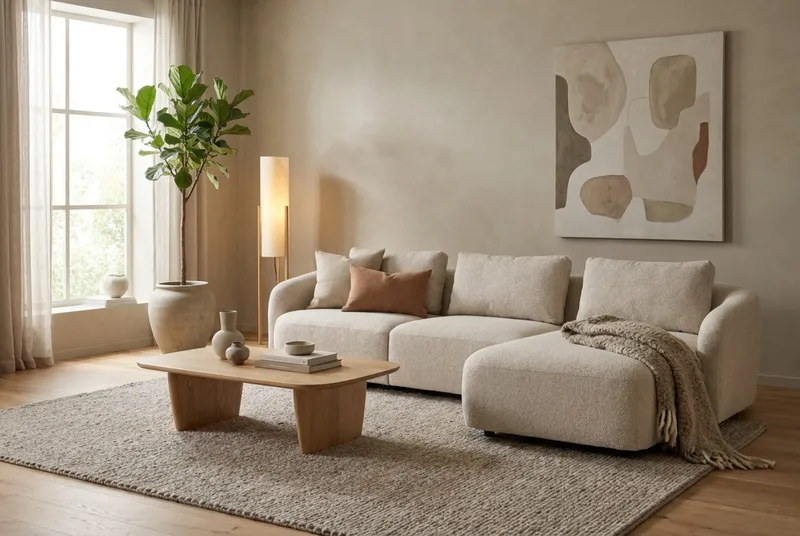 Milano 5-sits Rundad Högervänd L-soffa med Låg Rygg i Beige Boucle - Möbler - Vardagsrum - Soffor - Divansoffa & schäslong