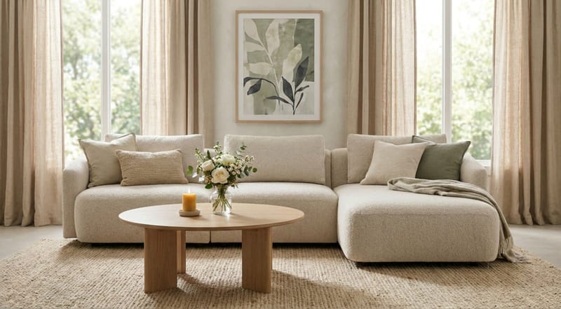 Milano 5-sits Rundad Högervänd L-soffa med Låg Rygg i Beige Boucle - Möbler - Vardagsrum - Soffor - Divansoffa & schäslong