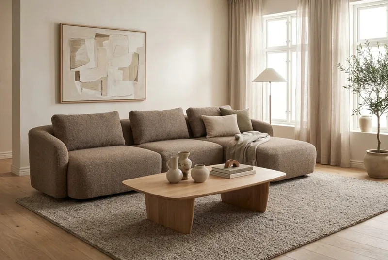 Milano 5-sits Rundad Högervänd L-soffa med Låg Rygg i Brun Boucle - Brun - Möbler - Vardagsrum - Soffor - Divansoffa & schäslong