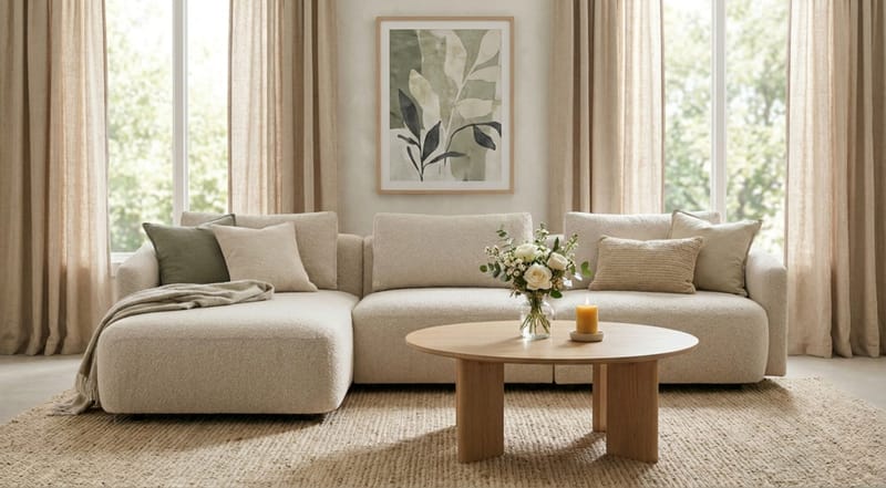 Milano 5-sits Rundad Vänstervänd L-soffa med Låg Rygg i Beige Boucle - Beige - Möbler - Vardagsrum - Soffor - Divansoffa & schäslong