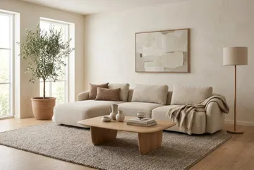Milano 5-sits Rundad Vänstervänd L-soffa med Låg Rygg i Beige Boucle - Beige - Möbler - Vardagsrum - Soffor - Divansoffa & schäslong