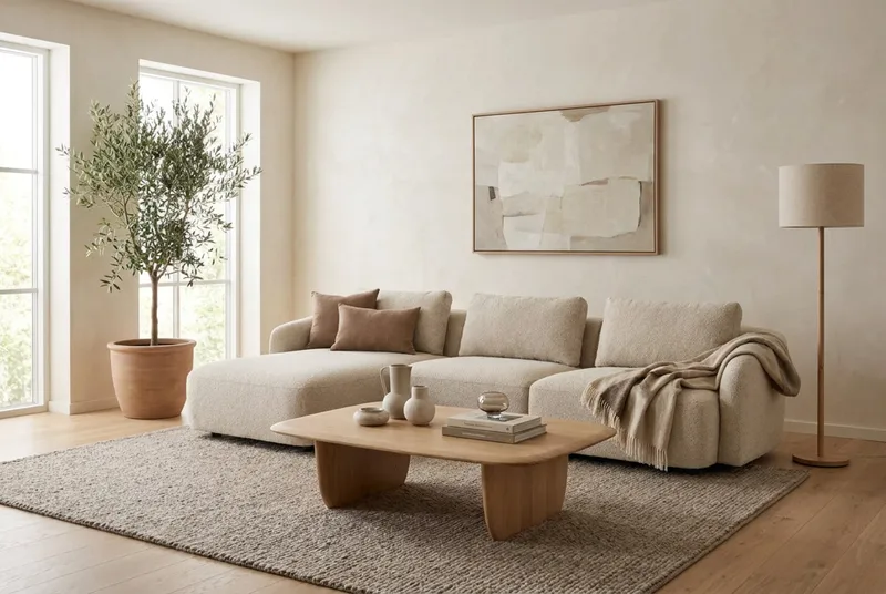 Milano 5-sits Rundad Vänstervänd L-soffa med Låg Rygg i Beige Boucle - Beige - Möbler - Vardagsrum - Soffor - Divansoffa & schäslong