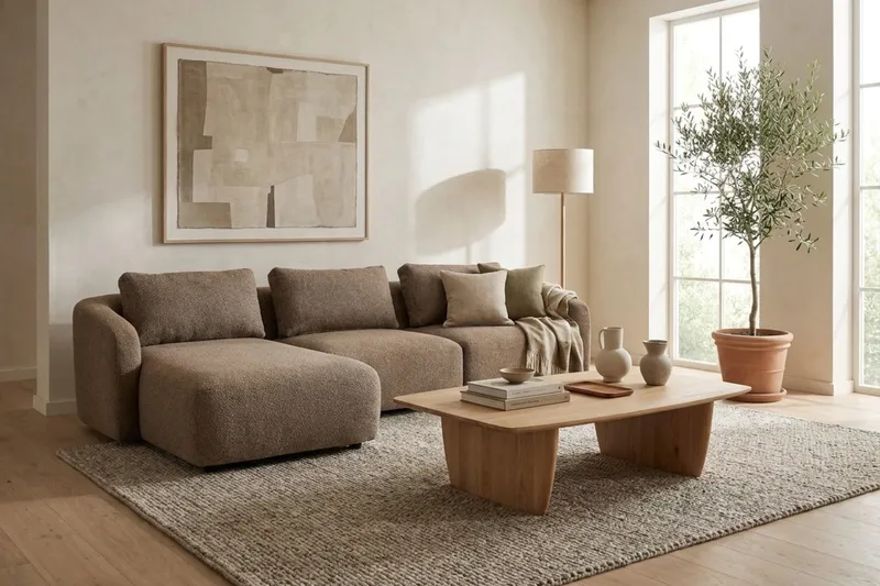 Milano 5-sits Rundad Vänstervänd L-soffa med Låg Rygg i Brun Boucle - Möbler - Vardagsrum - Soffor - Divansoffa & schäslong