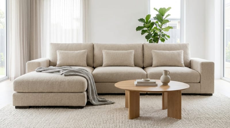Dubai Extra djup 4-sits Modulsoffa med divan höger i tyg vändbar Extra Djup - Ljusbeige - Möbler - Vardagsrum - Soffor - Modulsoffor - Komplett modulsoffa