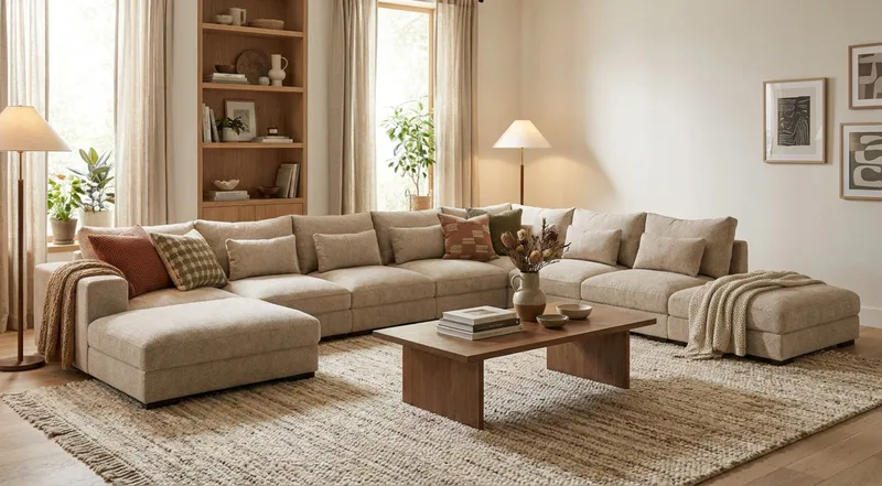 Dubai U-modulsoffa Large med Divan Vänster Extra Djup i Chenille - Beige - Möbler - Vardagsrum - Soffor - Modulsoffor - Komplett modulsoffa