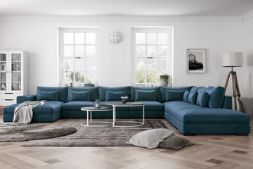 Dubai U-modulsoffa Large med Divan Vänster Sammet Extra Djup - Blå - Möbler - Vardagsrum - Soffor - Modulsoffor - Komplett modulsoffa